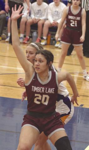 Sophomore center Jasmine Nash looks for the ball while battling for position under the basket with a Castlewood defender during their SoDak 16 matchup last Thursday in Redfield. The rebound leader for the Lady Panthers this season, Nash finished the contest with 12 points and four boards Photos by Jon Flatland