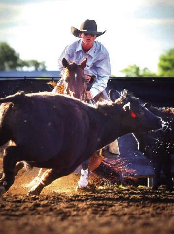 Rope Roghair is focused while competing in the boys cutting competition at the State HS Finals Rodeo in Ft. Pierre last weekend. Roghair won the state boys cutting championship and later added the saddle bronc riding crown, advancing him to the National HS Finals Rodeo in Wyoming in both events later this summer. Photo Courtesy of Chuck Miner/4C Photography
