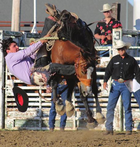 CJ Jewett has a foot hung up as he slides off his ranch bronc during last Friday’s ranch rodeo at McLaughlin. Photos by Jon Flatland