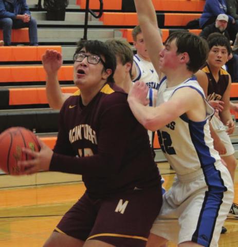 McIntosh’s Daniel Demerey looks to put up a shot during varsity basketball play earlier this season. Photo by Jon Flatland