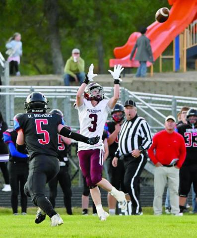 Senior wide receiver Holden Gill (3) goes up to catch a pass during recent Timber Lake Panther football action. The 1-3 Panthers will take on 3-2 Harding County/Bison on Friday, Sept. 26.m Photo by Marie Du Preez