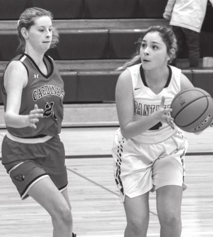 Timber Lake guard Joie LeBeau tries to hustle past Bison’s Greta Anderson (2) during their LMC tournament win.
