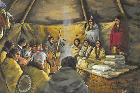 This painting, “Negotiating the Release,” by Lakota artist Del Iron Cloud, was commissioned by Dr. Paul Carpenter in 1997. It depicts the Fool Soldiers (right) negotiating with Chief White Lodge for the release of white women and children he took captive during the 1862 conflict in Minnesota. Proceeds from the sale of prints continue to support scholarships for descendants of the Fool Soldiers. The painting is one of the scenes in the Sea of Grass exhibit at the Timber Lake Museum.