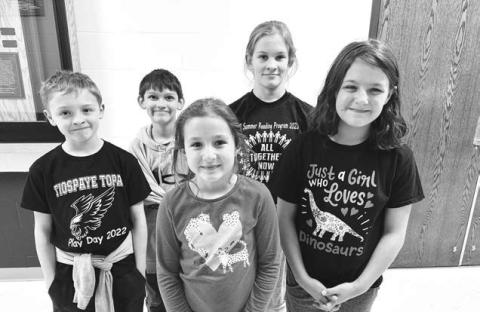 Timber Lake Elementary School students who won awards at the annual Northwest Area Schools Spelling Contest on March 19 were (l-r) fourth graders Ben Mareska and Colton Ridl, first grader Nienke Fourie, fifth grader Brynn Lemburg and second grader Willow Westover.