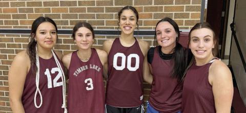 Seniors and returning letterwinners for the Timber Lake Lady Panthers include, l-r, Kessa Bigger, Natalie Lawrence, Jasmine Nash, Kiya Mowrer and McKenzi Vomacka. Photo by Jon Flatland