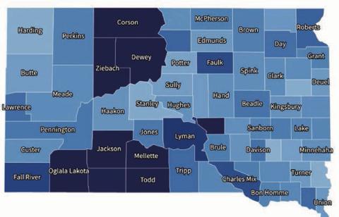 Dark blue reflects the percentage of food insecure people in a county, About 20 percent of residents are food insecure across the tri-county area. Graphic by Molly Wetsch / SD News Watch