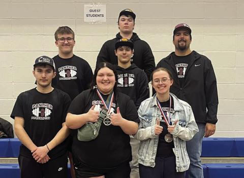 The Timber Lake High School powerlifting team includes (front, l-r): Jack Hornick, Anna Kraft, and Maria Scherer; (middle) Evan Schweitzer, Blaise Lei, and Coach Jakways Mendoza; (back) Brady Maher. Not pictured is Cooper Goldade. Submitted photo