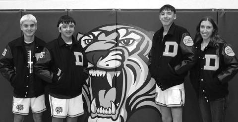 These students are this year’s Dupree High School juniors that earned their letterman jackets through the 3-2-1 DHS Booster Club program. To earn a 3-2-1 program jacket, a student must be in 3 sports at DHS for the first 2 years of high school at Dupree School and this must be done by the 1 student. (L-R): Spencer Olsen, Jeremiah Tiger, Talyn Ley, and Minda Woodward. Photo by Patty Peacock