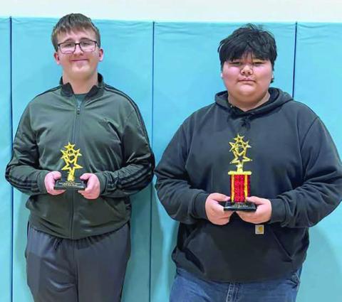 Evan Schweitzer, left, finished third and Ethan Swift Hawk claimed second place in Mario Kart 8 at the first-ever Rez Bowl eSports Tournament held Saturday, April 5, in Eagle Butte. Submitted Photo
