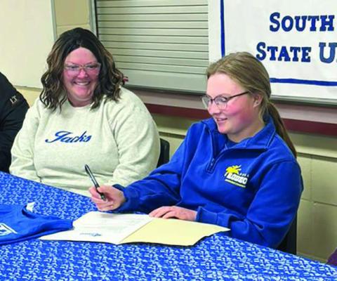 Brelan Maher, daughter of Wade and Jolene Maher of Isabel, signed a National Letter of Intent last week to attend South Dakota State University to study Animal Sciences and compete on the SDSU Rodeo Team in barrel racing and breakaway roping. Submitted Photo
