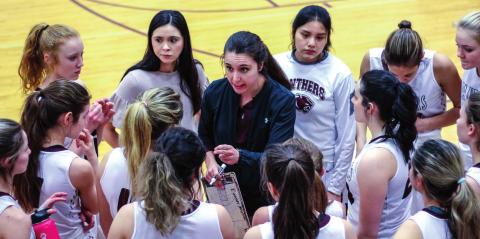 LEFT: Timber Lake girls basketball Head Coach Erin Gimbel (CENTER) and the Panther girls advanced to the SoDak 16 round, where they lost to Corsica-Stickney 48-33 at Huron Arena. Photo by Jon Flatland