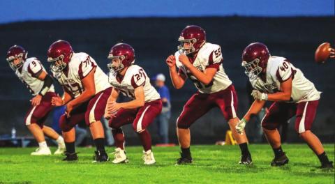 Photo by Robert Slocum Timber Lake players (L-R) Hank Kraft, Pat Marshall, Caleb Quinn, AJ Lindskov and Jaiden Ducheneaux work on offensive plays before a game earlier this season.