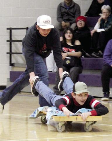To get into the spirit of the 2026 Winter Olympics in Milan, the Dupree School held its own Olympics games last week. Representing the seventh grade in the Bobsled Race were Teo White Wolf Traversie and Kolter Ferguson. Topic Photo/Patty Peacock