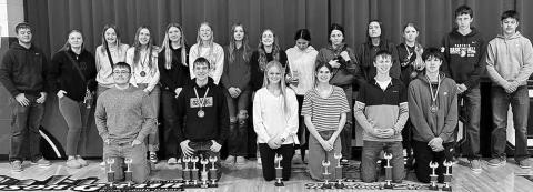These Timber Lake High School students competed in the annual NWAS Academic Olympics on April 9. In front are the six who won trophies (l-r): Gabe Keller, Preston Maciejewski, Hailey Roggow, Meredith Maciejewski, Holden Gill, Jackson Bigger. In back are other TLHS contestants (l-r): Treyton DuPreez, Jordan Jones, Paislee Keller, Kamee Mareska, Addison Lindskov, Talley Locken, Gailup Bollinger, Emma Johnston, Amanda Red Bear, Ruby Maher, Jaylee Schoelerman, Kaydence Ouzts, Hudson Gill, Blaise Lei.