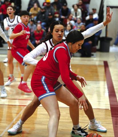 Timber Lake junior Kessa Bigger plays defense against Cheyenne-Eagle Butte junior KaiLoni Johnson during a non-conference inter-county matchup between the two teams last Friday. The Region 8B Girls Basketball Tournament tipped off play-in games on Monday. Timber Lake was facing Wakpala in first round action at Harding County on Tuesday, Feb. 20, as this issue of the Topic went to press. More sports on Pages 8-10. Photo by Marie Du Preez