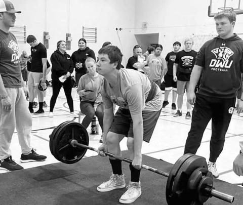 Rio De La Rosa, a junior at Dupree High School, holds a fourth place lift in the 181.75 pound division at the Mitchell Powerlifting Meet on Saturday, Dec. 7.