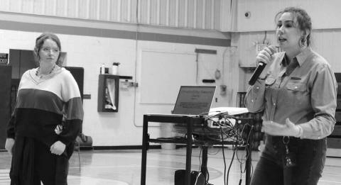 Alex Peterson (L) and Tayzia Claymore Knight (R), from the Sacred Heart Center, presenting to the Dupree students about the dangers of online stalking.