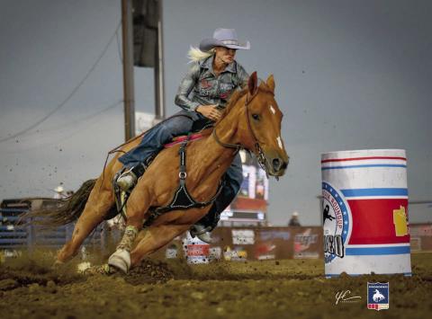 Summer Kosel of Glenham guides her horse around a barrel at the Killdeer Mountain Round-Up Rodeo held July 1-4 in Killdeer, SD. Kosel placed 13th in Killdeer but bounced back to win the barrel racing championship at the Sitting Bull Stampede Rodeo in Mobridge July 3-4. Photo courtesy of Chuck Miner/4C Photography