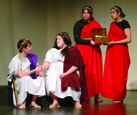 The Timber Lake High School Theatre Dept. presented the one-act play, Madea, for the public last Friday, Jan. 31. Pictured from a scene in the play are (l-r) Jack Hornick, Anna Kraft, August Laurenz-Anderson and Kessa Bigger. The play is entered in state competition in Brookings this weekend.