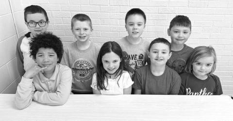 Grades 1 and 2 FRONT (l-r): Eleazar Reichert, and Kinzlee Martin (second grade top spellers) and Korbin Vogel and Lydia O’Bryan (second grade alternates); BACK (l-r): Ryker Bridges and Trevor Aberle (first grade top spellers) and Dylan DuPreez and Zeke Vogel (first grade alternates).