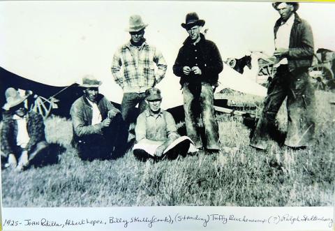 LEFT: Diamond A cowboys in 1925 are identified as (l-r) John Padilla, Albert Lopez, Billy Skully (cook), (standing) Tuffy Ducheneaux, (?) and Ralph Staltenberg. The photo, from the collection donated to the Timber Lake Museum by the late Effie Lopez Hunt, is one of many that will be on display.