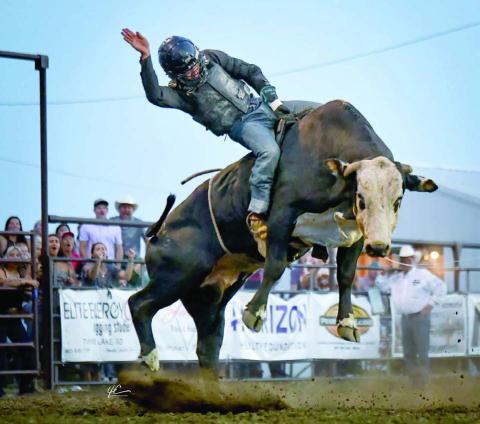 Faith cowboy Zane Day was crowned the 2025 bull riding champion at the Days of 1910 Rodeo in Timber Lake over the weekend with a 78 point ride Saturday night, July 26. Day was the only one of 11 bull riding entries to mark an 8-second-ride. Photo by Chuck Miner