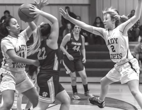 Dupree’s Tiana Iron Hawk (10) and Jazmynn Longbrake (2) trap a Harding County player during their Little Moreau Conference tournament contest.