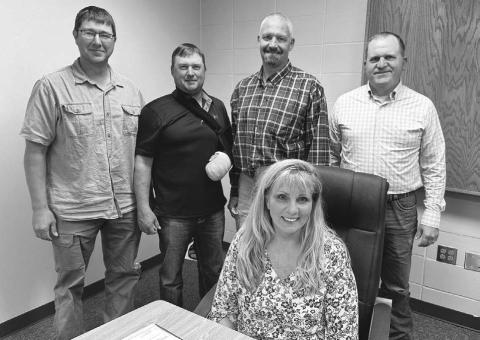 The Timber Lake School Board conducted its annual reorganization meeting on July 16. It was the first meeting with Lori Enright (front) as superintendent. Board members are (l-r) Tyrone Kraft (vice-chairman), Joe Locken, Jake Kraft (chairman), and Bryce Lindskov. Doug Lawrence (not pictured) attended via telephone. Photo by Kathy Nelson