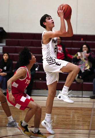 Freshman Kanton Hunt drives past a Tiospaye Topa defender for a layup during Timber Lake’s blowout win over the Thunderhawks last Thursday, Jan. 11. Hunt and teammate Tristan Dupris dropped a team-high 15 points each in the Panthers’ 83-26 victory. Timber Lake was scheduled to play in the Pheasant Shootout in Redfield on Jan. 13 but cancelled its appearance due to extreme cold. Photo by Marie DuPreez