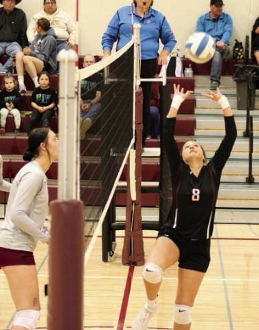 Sophomore Jaylee Schoelerman sets the ball for a teammate during action against Newell last Friday, Oct. 25, in Timber Lake. Schoelerman, who leads the team in assists, racked up a season-high 41 in the match. Timber Lake closed out its regular season on Tuesday, Oct. 29, against Wall and will begin the Region 8B Tournament on Tuesday, Nov. 5. Photo by Jon Flatland