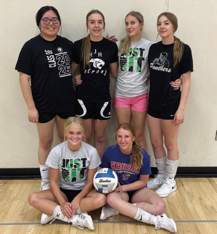 Seniors on the Timber Lake Panther volleyball squad this season include (back, l-r) Ikeeah Buckley, Geana Bollinger, Miley Murray, and Gailup Bollinger; (front, l-r) Hailey Roggow and Sara Keller. Not pictured is Emma Johnston. Photo by Jon Flatland