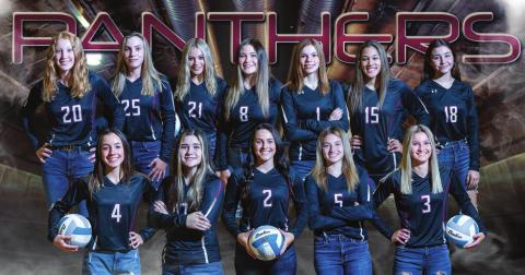 Panther Varsity Volleyball FRONT (L-R): Rachel Toviah, Abby Linderman, Maci Maher, Shay Kraft, Carlie Lawrence; BACK: Kendyl Locken, McKenzi Vomacka, Harlee Hulm, Kenna Webb, Cindy Hoyt, Jasmine Nash, Natalie Gross. Photo illustration by Robert Slocum