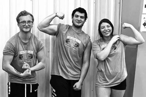 Dupree seniors competing in the West River Powerlifting Invitational included (l-r) Case DePoy, Matthew Lemke and Nevaeh Farlee. Lemke set one and Farlee set three new state records for their weight classes during the competition. Courtesy Photo