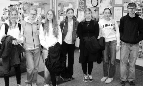 The German students that visited South Dakota and Dupree High School for two weeks. (l-r): Dorothea Baer, Aimee Leupold, Aline Burger, Ava Poehlmann, Gabrielle Weiser, Mia Weber, and Liam Schnappauf. Normally, they attend the Freie Montessori- Gemeinschaftsschule School in Bad Lobenstein, Germany.