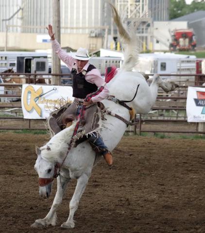 Brandin Jewett of Dupree was among the saddle bronc and bull riders competing in a high school showcase at the Dupree Pioneer Days Rodeo held June 28-29. Photo by Jon Flatland
