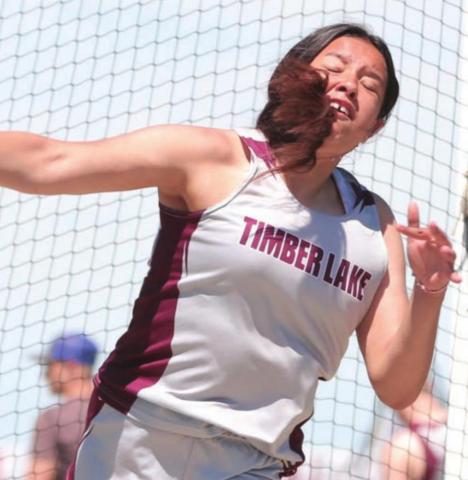 Timber Lake thrower Kessa Bigger lets the discus fly during the “last chance” track meet in Timber Lake May 16.