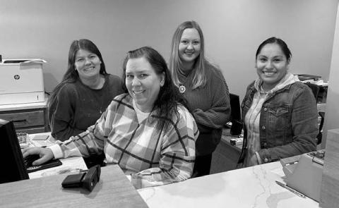 The staff at Western Dakota Bank in Isabel was all smiles Monday morning, Jan. 12, after opening in their new bank building on Main Street. The new bank is directly across from Locken Oil and includes a drive-up window. Pictured (L-R): Shayla Beer, Keri Swift, MaKenzie Traversie, and Megan Mutchler. Topic Photo/Jon Flatland
