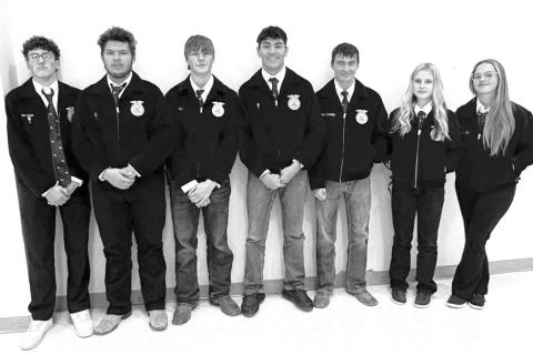 Competing at the District 8 FFA Leadership contest were (L-R): Traden Meeks, Ag Job Placement-Job Interview; Wyatt Lemke, Ag Broadcasting; Ransom Martin, Sales; Braxton Schad, Ag Broadcasting; Kopyn Tibbs, Sales; Penny Coates, Sales; and Jada Brewer, Sales. Photo by Patty Peacock