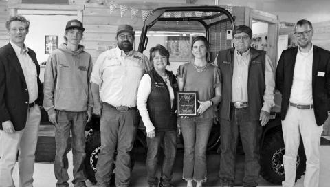 Butte County Equipment was awarded the 2025 Family-Owned Small Business of the Year award from the South Dakota Small Business Administration (SBA). From left: Justin Everett, SBA Regional Administrator, Jadon Jensen, Aaron Lindskov, Margaret Lindskov, Kenita Jensen, Dennis Lindskov and Bryson Patterson, SBA South Dakota District Director.