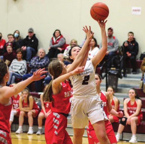 Timber Lake senior Tia LeBeau puts up a left-handed shot during the Panthers’ win over Potter County Saturday at home. Photos by Jon Flatland