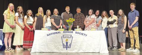 Fifteen students were inducted into the Timber Lake High School chapter of the National Honor Society in a ceremony at the school on Monday, April 7. L-R are Talley Locken, Jaylee Schoelerman, Paige Marshall, Paislee Keller, Amanda Red Bear, Katelyn Biegler, Braylen Hansen, Hayden Thompson, Anna Kraft, Presley Goldade, Arianna Bieber, Maria Scherer, Ruby Maher, and Hudson Gill. NOT PICTURED: Jaymee Archambault. The ceremony was conducted by current NHS members. More on Page 5. Photo by Kathy Nelson
