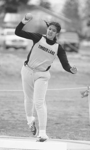 Jasmine Nash launches the shot put during competition at the Timber Lake Track Invitational last Tuesday, April 25. Her throw of 34-8.5 feet garnered her top honors in the event. Photo by Jon Flatland