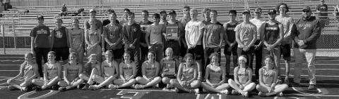 The Timber Lake varsity boys and girls track teams posed with their two Region 8B championship trophies after a big day in Lemmon last week. Submitted photo