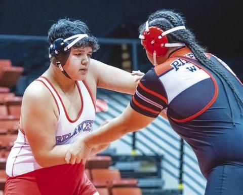 Cheyenne-Eagle Butte/Dupree 285-pounder Natan Blue Coat (left) claimed third place at the Lemmon-McIntosh Round Robin Tournament last Tuesday, Jan. 24, in Lemmon. Topic File Photo