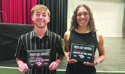 At Timber Lake High School’s Athletic Awards Night on May 12, seniors Cole Ducheneaux (left) and Jasmine Nash were awarded Athlete of the Year for 2024-25. (Watch for more athletic awards in next week’s Topic.)