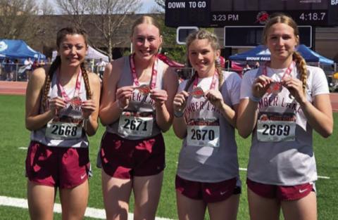 Establishing a new Timber Lake High School record in the 1600 meter relay at the Howard Wood Dakota Relays was the team of Arianna Bieber, Talley Locken, Korbi Heck, and Josie Boldt. They clocked in at 4:16.40.