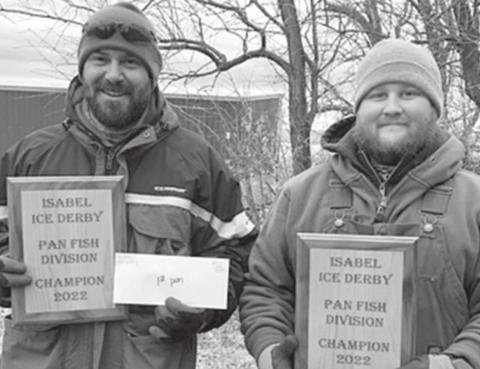 ABOVE: Josh Lemburg (LEFT) and Ty Olson took top honors in the panfish division at the 8th Annual Lake Isabel Ice Fishing Tournament on Saturday, Jan. 22, with a total weight of 7.36 pounds.