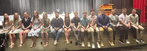 New members of the Timber Lake High School chapter of the National Honor Society were inducted in a ceremony on April 14. L-R are Kaydence Ouzts, Kamee Mareska, Lexi Locken, Jaycie Lemburg, Korbi Heck, Nevaeh Fernandez, Mila Mowrer, Preston Maciejewski, Kruz Lindskov, Jackson Bigger, Mason Bickel, Evan Schweitzer, Xander Keller, Landen Bieber. Students are chosen for membership based on scholarship, leadership, service, and character.