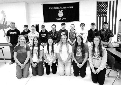 RIGHT: Timber Lake FFA students who competed in the state convention were Front (l-r): Paislee Keller, Mila Mowrer, Ruby Maher, Kate Biegler, Jaylee Schoelerman, Chloe Allen; Back: Devon Keller, Kanton Hunt, Kruz Lindskov, Preston Maciejewski, Cullen Biegler, Pete Maher, Taggen Paxton, Gavin White, Rance Gross, Chris Peterson-Lemmon. NOT PICTURED: Treyden Beer, TJ Alley, and Anna Kraft.