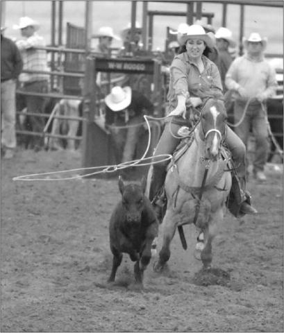 Kari Jo Lawrence of Mobridge lets her rope fly during the ladies breakaway roping at the Isabel Rodeo last weekend. Photo by Jon Flatland